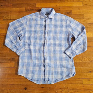 Bergdorf Goodman Men's Blue Plaid Linen Shirt Tailored Fit XL